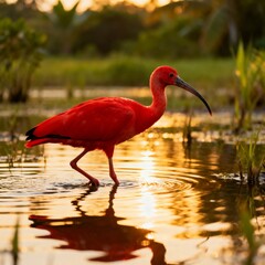 Scarlet Ibis Wading in Golden Sunset Water