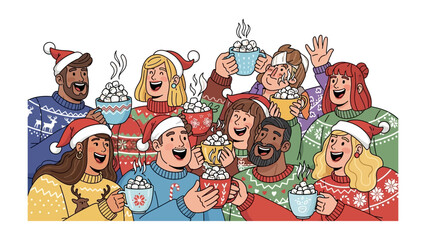 Holiday Cheer: Group of friends gather to celebrate the holidays, offering warmth, and festive spirit through shared moments and hot cocoa.