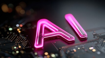 Glowing neon AI text hovers over futuristic circuit board, bokeh lights