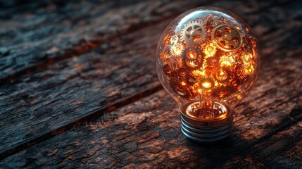 Glowing lightbulb filled with intricate gears, emitting warm light on textured wood
