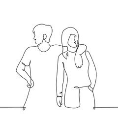 man and woman standing next to each other, his hand on hers, looking in different directions - one continuous line, isolated on white. Couple, siblings, opposite sex friends hugging