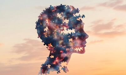 Human head silhouette forms from galaxy puzzle pieces breaking apart against an orange sky