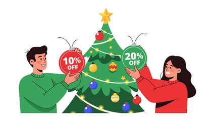 Holiday Cheer: Shoppers Decorate Festive Tree with Discount Ornaments, Embracing the Spirit of Savings. 