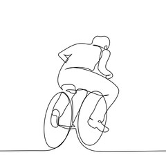 man riding a bicycle leaning forward, without clothing, viewed from the back - one continuous line, isolated on white. An adult on an ill-fitting bicycle is in a hurry
