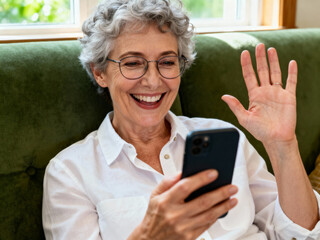 happy senior woman video calling on smartphone at home