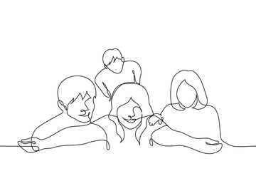 group of young people standing looking at the camera, top view - one continuous line isolated on white. Pose for a group selfie, friends together