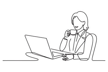 Cartoon of business lady chilling out, drinking coffee, watching online tutorials at work place, station. one line Icon drawing with white background