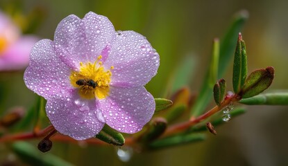 Fototapeta premium A close-up of a pink flower covered in water droplets with a yellow center and a tiny insect