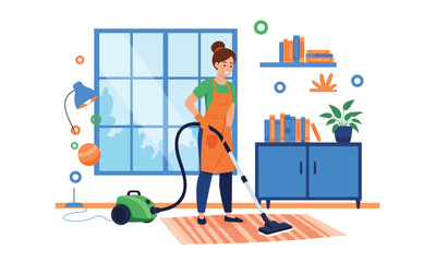 Woman Cleaning Room with Vacuum Cleaner Domestic Chores Illustration