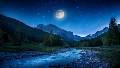 a nighttime mountain landscape with a forest river and starry sky illuminated by the moon inspiring for posters book covers about nature and fantasy projects