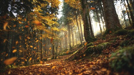 Fototapeta premium Serene Autumn Forest Path with Sunlight Filtering Through Trees and Colorful Falling Leaves Creating a Peaceful Atmosphere for Nature Lovers
