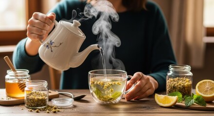 Preparing a Soothing Cup of Herbal Tea with Chamomile, Lemon, and Honey
