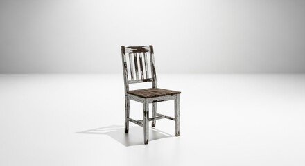 Rustic Wooden Chair with Peeling White Paint on a White Background
