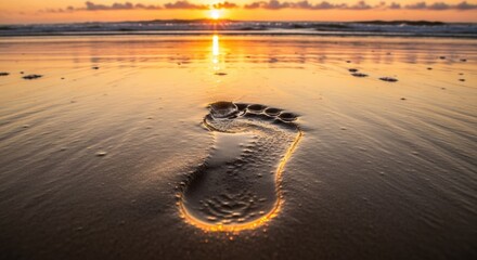 Footprint in the Sand on a Beach at Sunset
