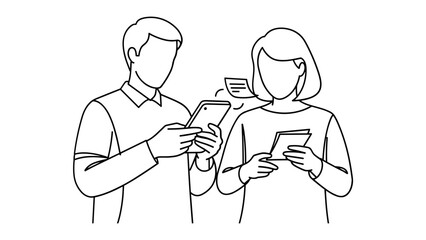 Man and woman using digital devices, vector art