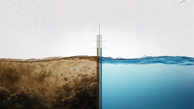Sewage system efficiency concept featuring polluted and purified water (before and after composition) with symbolic purification sign between them 