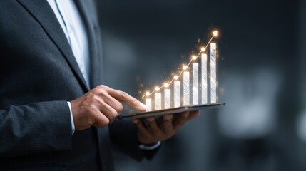 Business Growth Visualization with Digital Graph, Businessman Holding Tablet, Financial Success and Marketing Strategy Representation