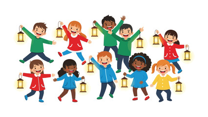 Lantern Light: A joyful group of children, each holding a lantern, celebrates a festival, radiating the glow of shared happiness and togetherness.