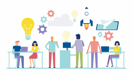 Obraz premium Diverse team collaborating on innovative ideas and projects with lightbulbs gears and a rocket ship symbolizing startup growth and creativity