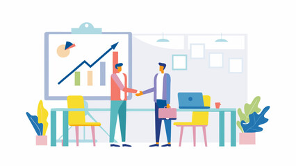Two businessmen shaking hands in a modern office setting with a financial graph on a whiteboard and a laptop on a desk