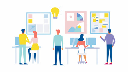 Diverse team of people collaborating on a project in a modern office setting with a bright idea lightbulb above