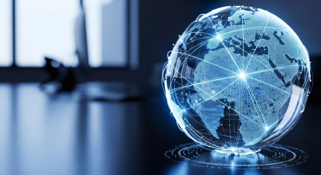 Global Network Connection Globe on Modern Desk Represents Data Exchange