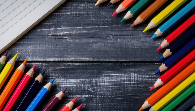 Creative coloring session with pencil crayons on rustic wooden table artistic environment top view perspective - Powered by Adobe