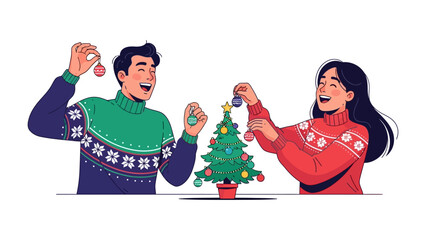 Joyful adornment: A happy couple is captured with joyful emotion, decorating the evergreen Christmas tree together, creating a beautiful and cheerful moment.