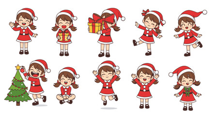 A collection of cartoon illustrations depicting a young girl in a Santa Claus outfit, engaging in various joyful actions.