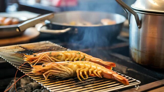 Spiny Lobsters Sizzling on Charcoal Grill at Thai Night Market with Garlic Butter and Herbs