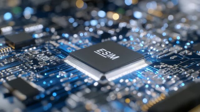 eSIM chip in sharp focus against blurred circuitry, reflective highlights on metallic edges, close-up futuristic tech portrait