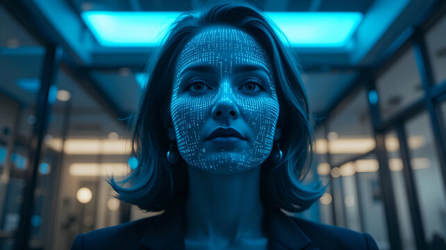 Futuristic Blue Portrait of a Confident Businesswoman with Digital Data Overlay on Face in Modern Office Hallway, Ideal for AI, Cybersecurity, and Corporate Technology Concepts