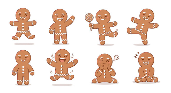 Collection of gingerbread men illustrations showing various poses and expressions, including jumping, waving, holding a lollipop, and sitting.