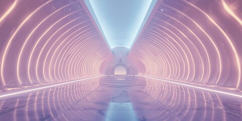 Futuristic neon tunnel with glowing lights and reflective floor