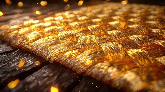 Golden woven texture with sparkling particles on wooden surface