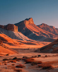 Fototapeta premium Desert landscape reveals vibrant orange horizon at dusk with majestic mountains