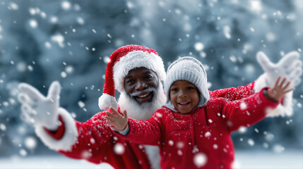 Joyful african male santa and child in winter snowy wonderland