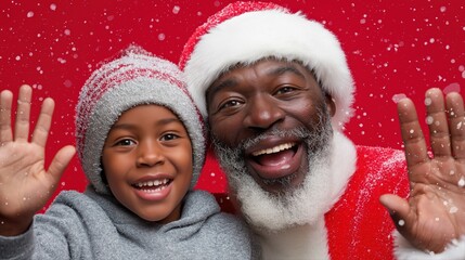 Joyful african american santa and child celebrating christmas with snow on red