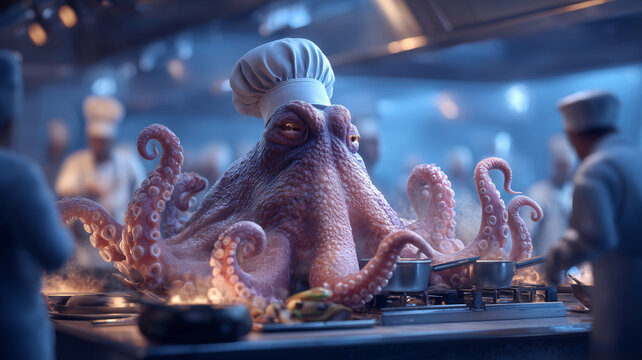 Culinary mastery in the underwater kitchen with a unique octopus chef