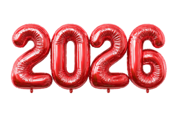 Red foil balloons shaped like the numbers 2026 isolated on a white background. AI image 