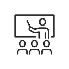 Teacher with board, linear icon. Education and classroom training. Line with editable stroke.
