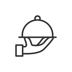 Hand with tray and cloche, linear icon. Restaurant service and catering concept. Line with editable stroke.