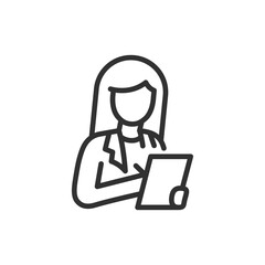 Businesswoman with tablet, linear icon. Digital work and professional management. Line with editable stroke.