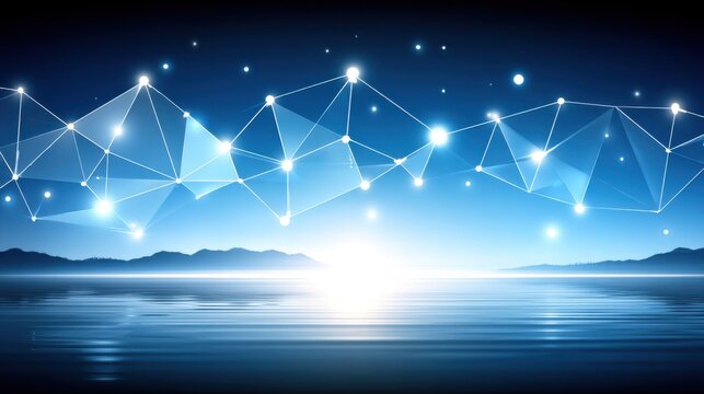 Innovative digital landscape tranquil waters abstract art futuristic environment aerial view connectivity concept