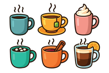 Obraz premium Warm beverages featuring a variety of cups with steam rising. Set of 6 vector illustration