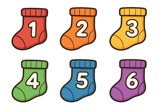 Colorful numbered socks for creative activities or decorations. Set of 6 vector illustration