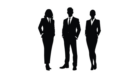 Vector silhouettes of  men and a women, a group of standing and walking business people, black color isolated on white background