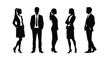 Vector silhouettes of  men and a women, a group of standing and walking business people, black color isolated on white background