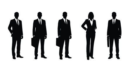 Vector silhouettes of  men and a women, a group of standing and walking business people, black color isolated on white background