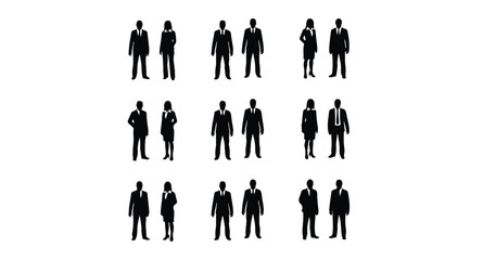 Vector silhouettes of  men and a women, a group of standing and walking business people, black color isolated on white background